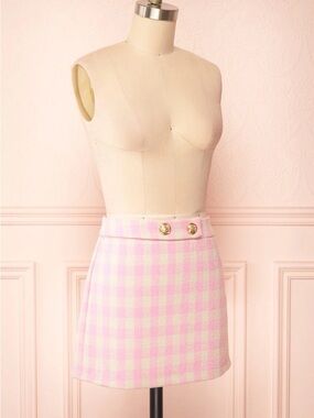 Vero Moda Pink and Cream Gingham Mini Skirt with Gold Buttons